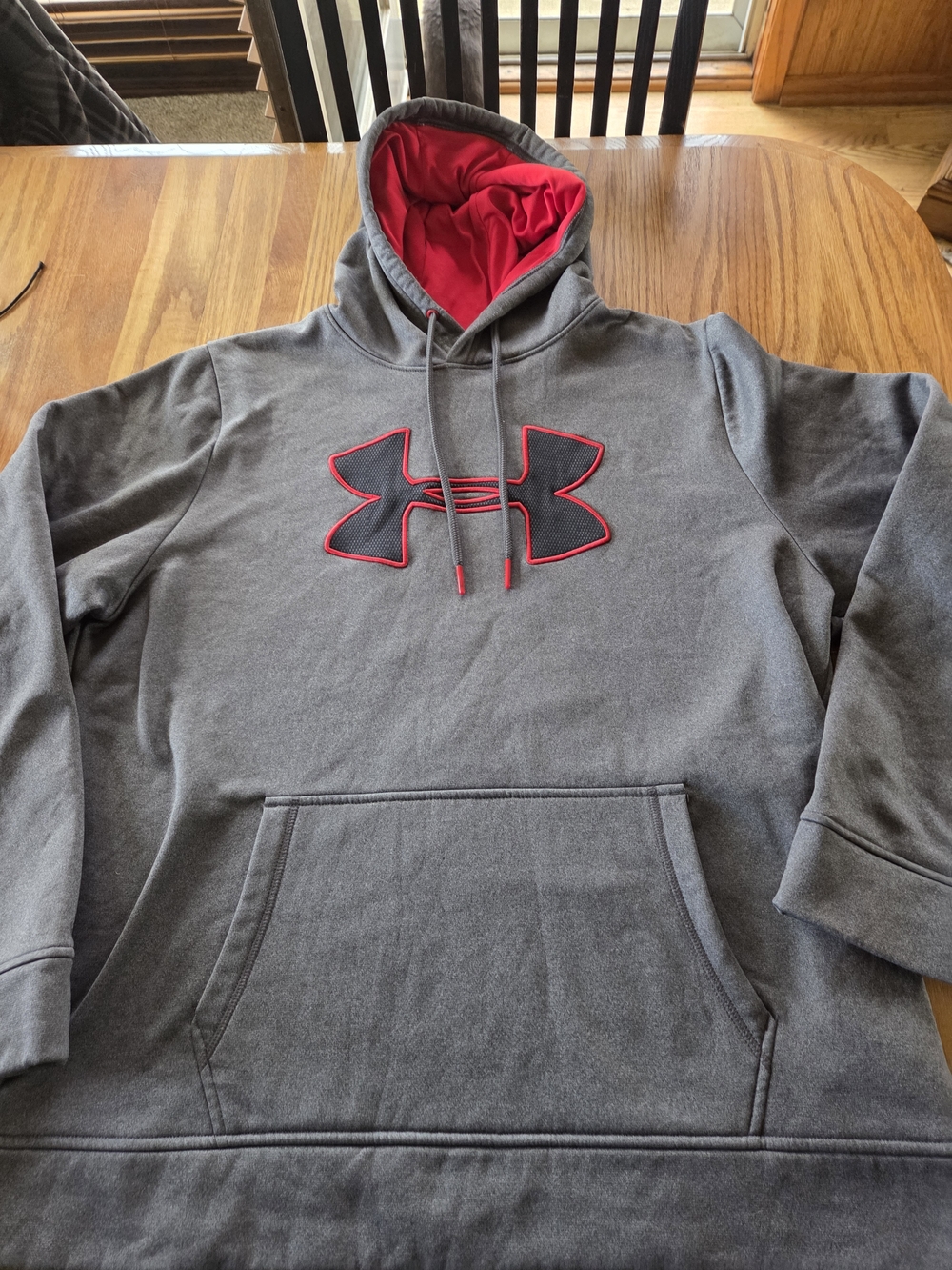 Men's Under Armour Gray Hoodie with Red Lined Hood and Red Logo Accents